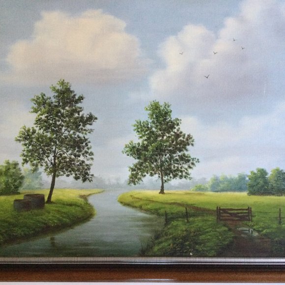 Original painting landscape trees fence wall hanging 22" x 18" home decor framed - Picture 4 of 5